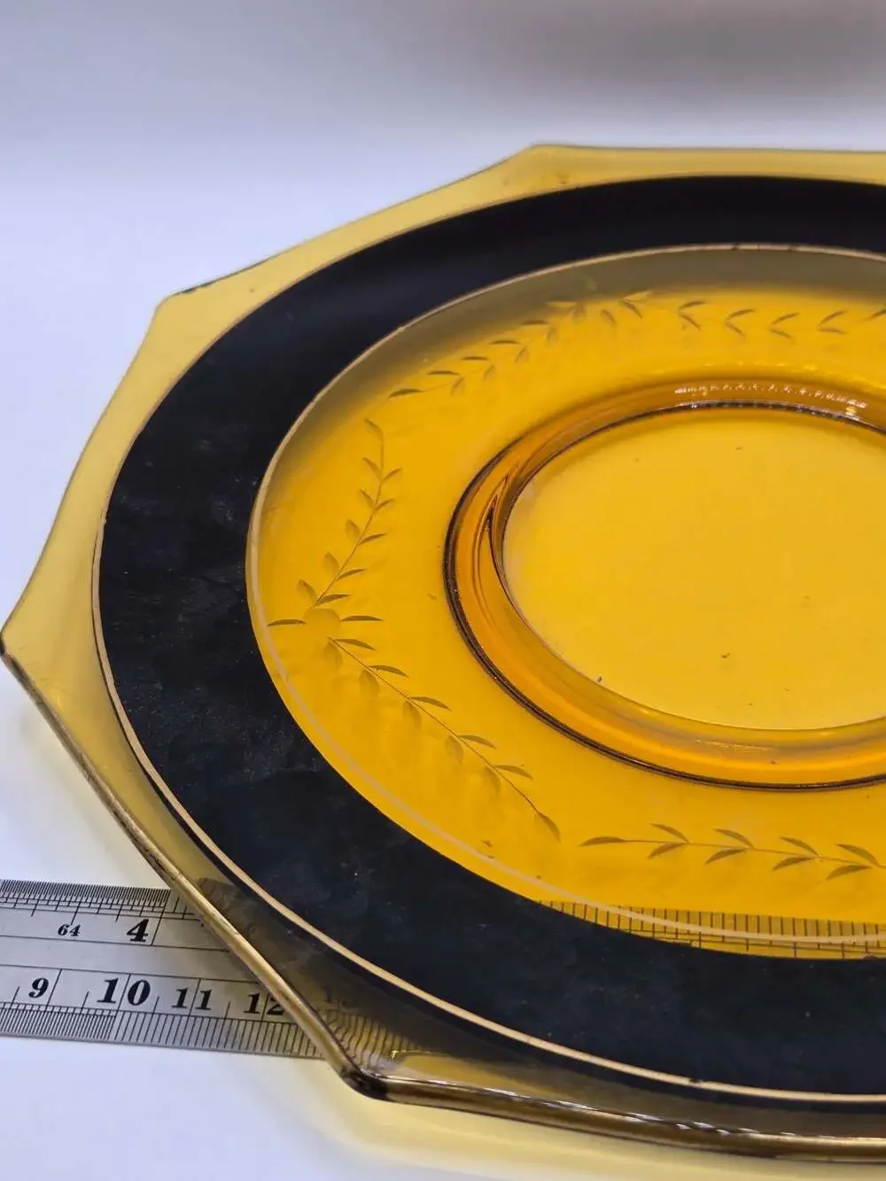 Vintage Amber Glass Plate with Black Rim and Etched Wheat Pattern
